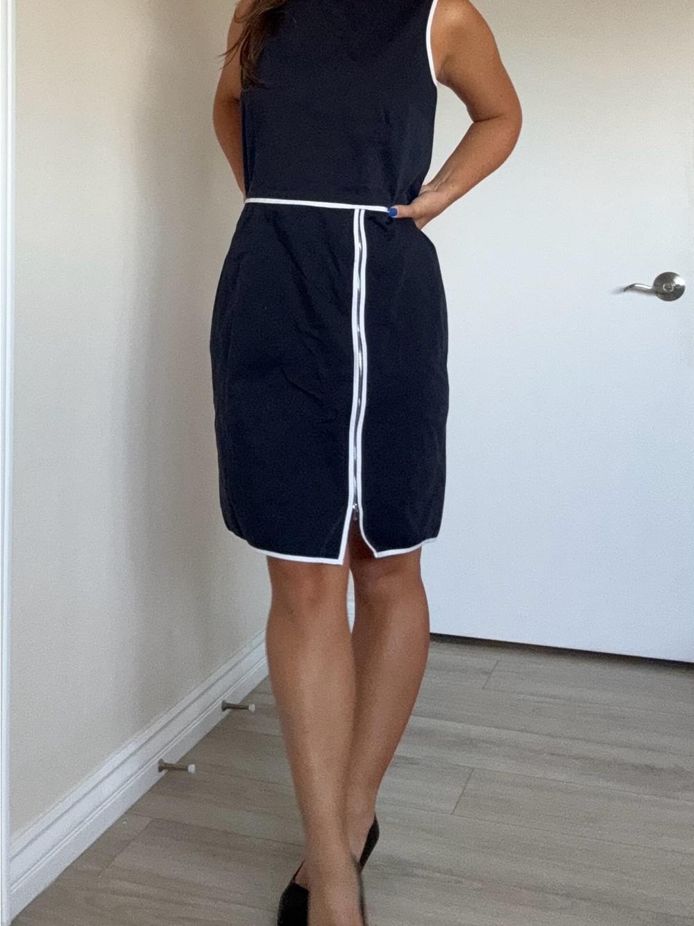 Ann Taylor Navy Blue Sleeveless Dress with White Trim
